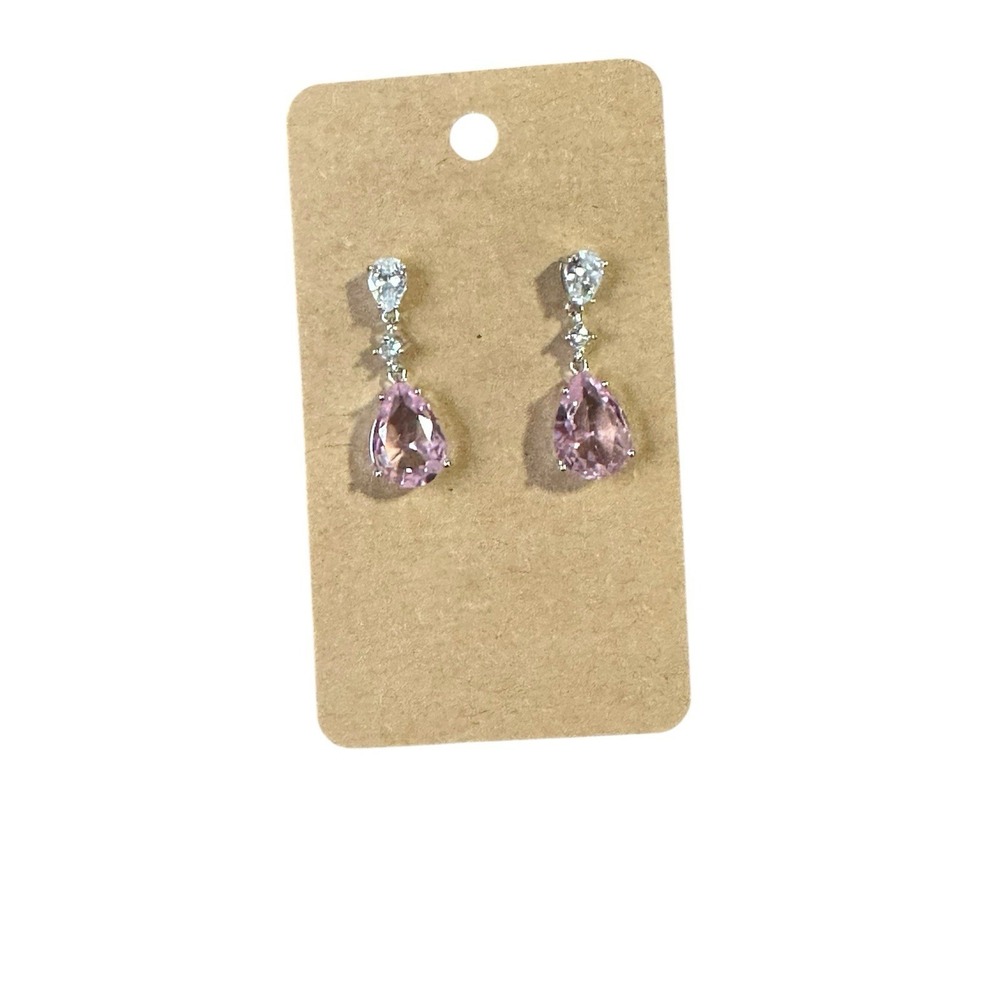 Pink Pear Cut Drop Earrings Silver Tone Crystal‎ Dangle Formal Wedding Jewelry